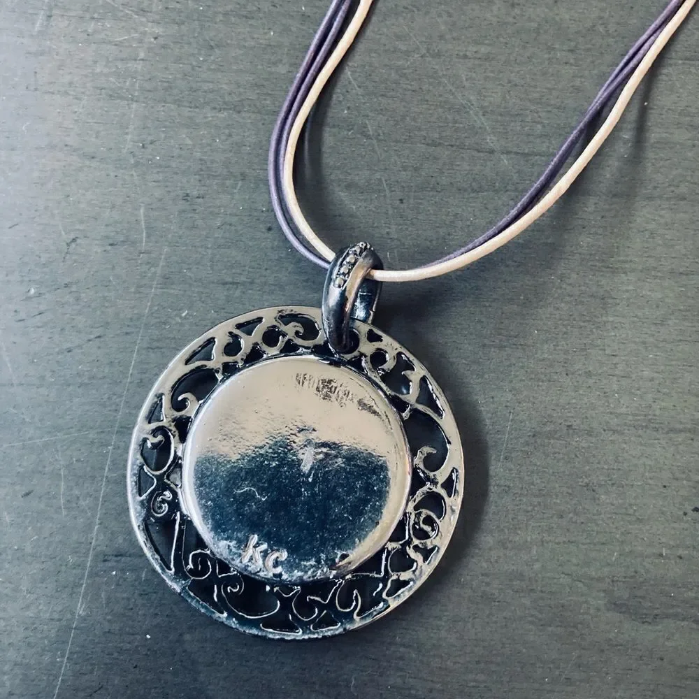 Silver Scroll Swirl Green Brown Pendant Cord Necklace